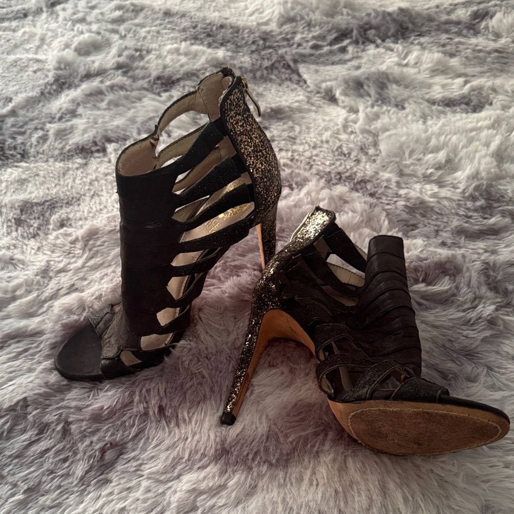 Vince Camuto Black and Gold Strappy Heels